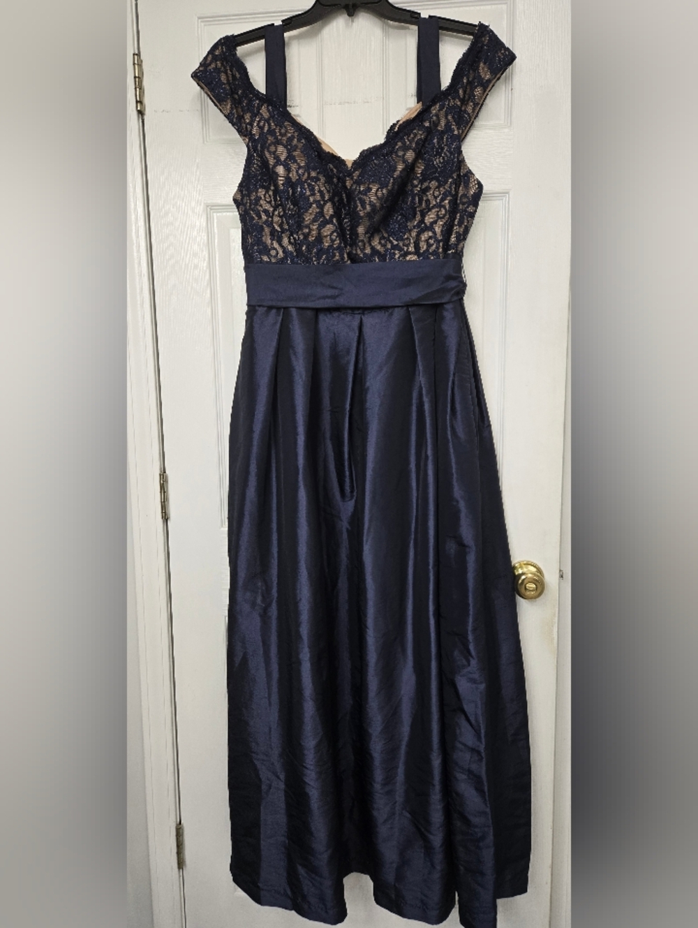 R&M Richards Navy Blue Lace Bodice Cold Shoulder Satin Gown